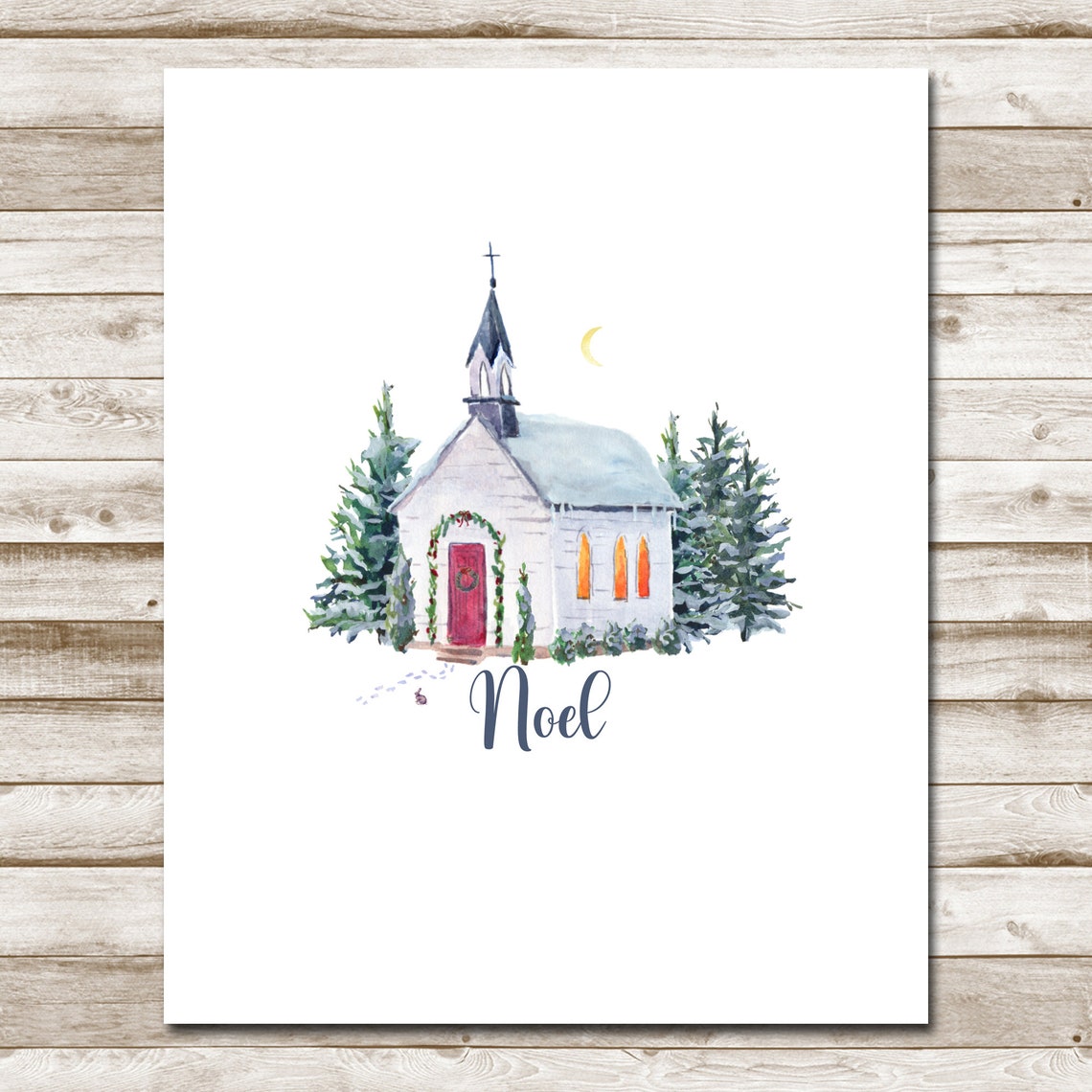 Noel Watercolor Church With Wreath Winter Christmas Night Poster - Image 4