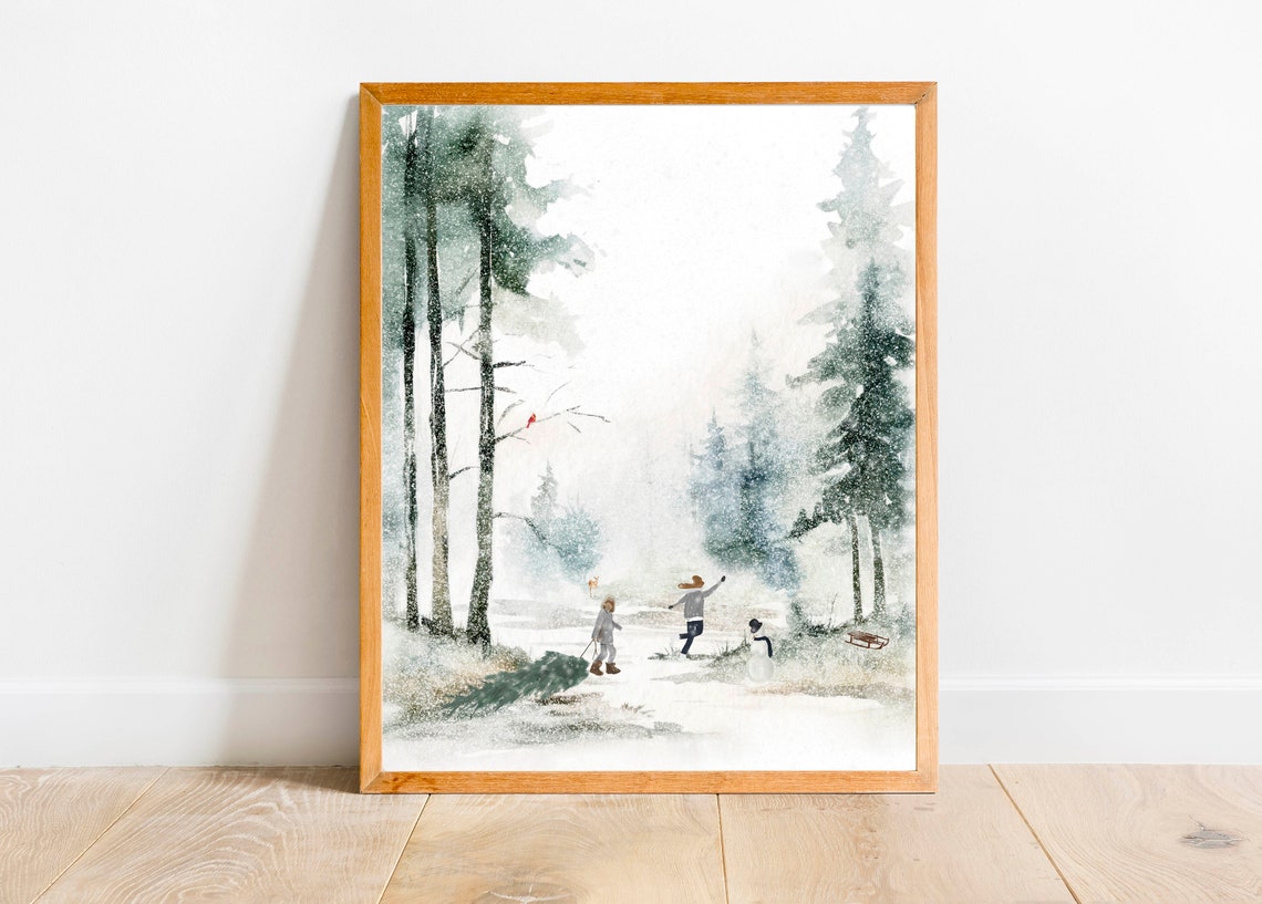 Bringing Home The Tree Snowy Forest Watercolor Christmas Poster - Image 2