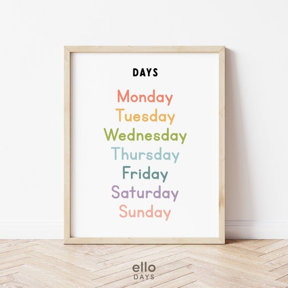 Days Of The Week Educational Poster Classroom Days Wall Print Toddler Preschool Wall Decor Homeschool Decoration