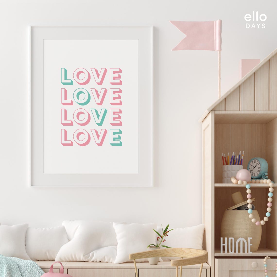Retro LOVE Repeated Typography Pink Teal Inspirational Poster - Image 3