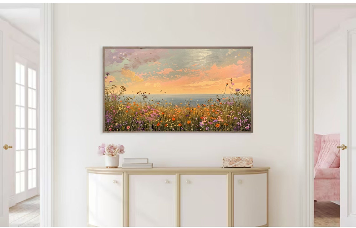 Wildflower Meadow Ocean Sunset Peach Sky Coastal Floral Art Print - Image 2
