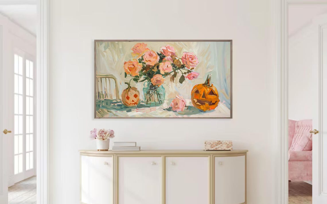Frame Tv Art Halloween Pink Pumpkins Cute Blush Toned Jack O Lantern Art File Floral Coquette Aesthetic - Image 2