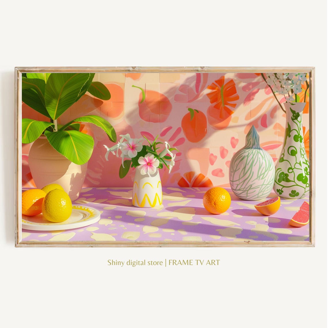 Bright Summer Still Life with Citrus Fruits and Vases Cheerful Poster