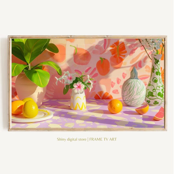 Still Life Frame Tv Art Colorful Floral Vibrant Checkerboard Textured Oil Painting Maximalist Mid Century Modern Bold Flower Tv Picture