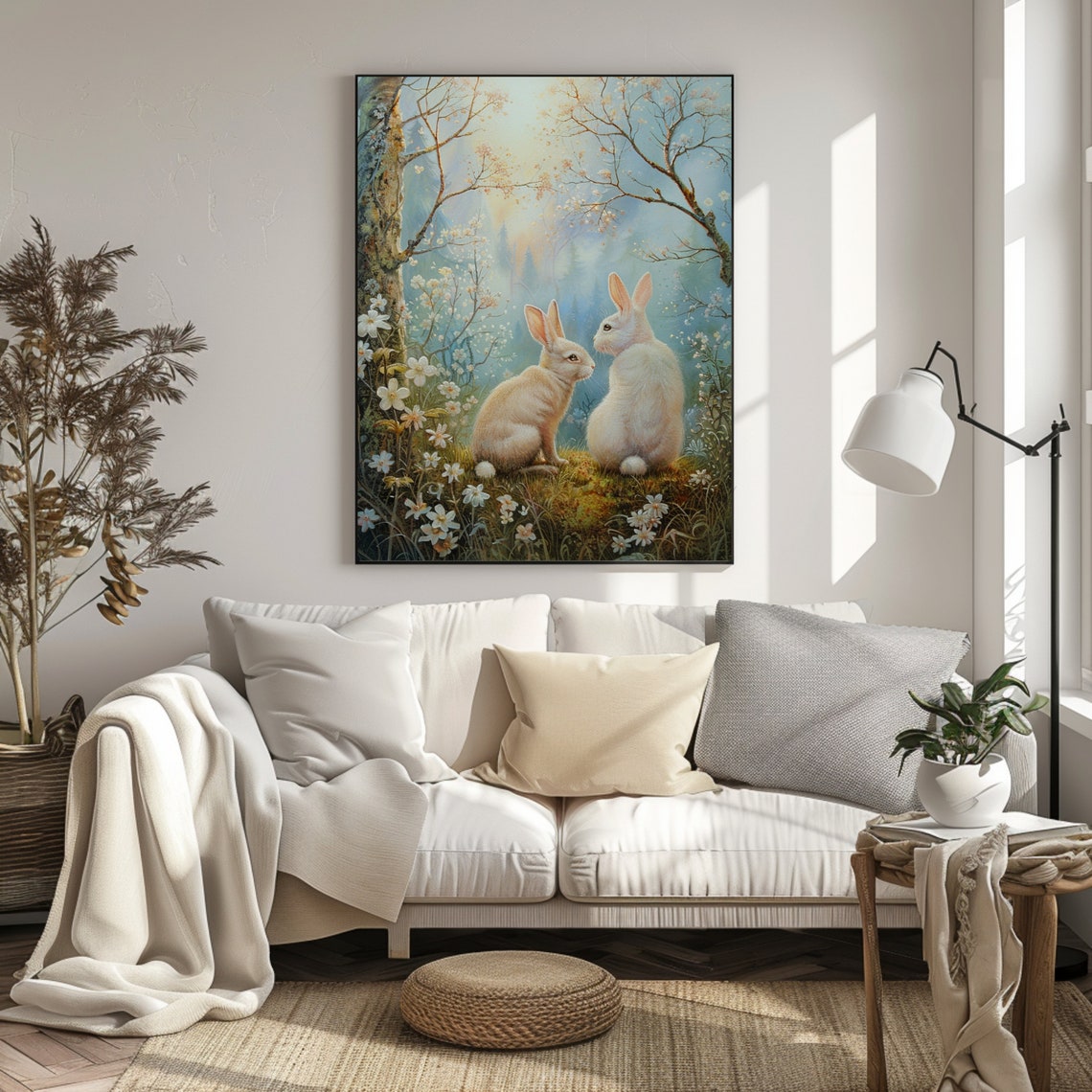 Two White Bunnies in Spring Wildflower Meadow Cute Nursery Wall Art - Image 2