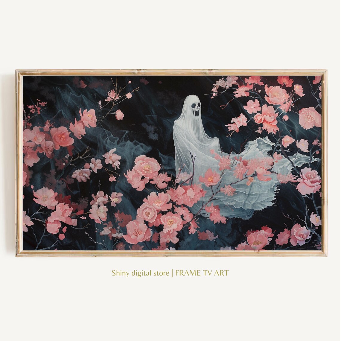 Ghost Among Pink Blossoms Dark Moody Halloween Floral Art Poster