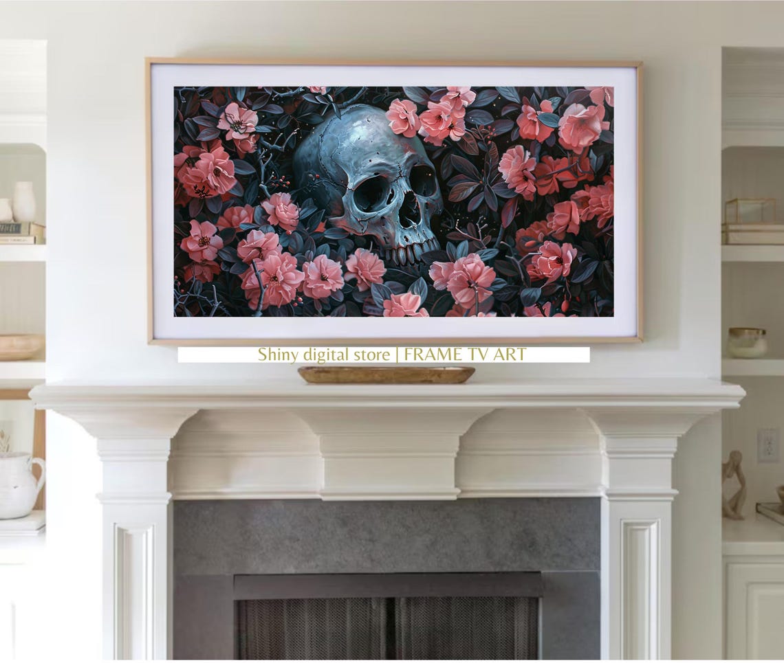 Skull Among Pink Blossoms Dark Botanical Halloween Gothic Art Poster - Image 3