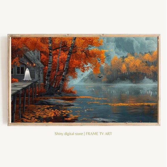 Ghost On Dock By Lake Cabin Autumn Birch Trees Misty Night Poster