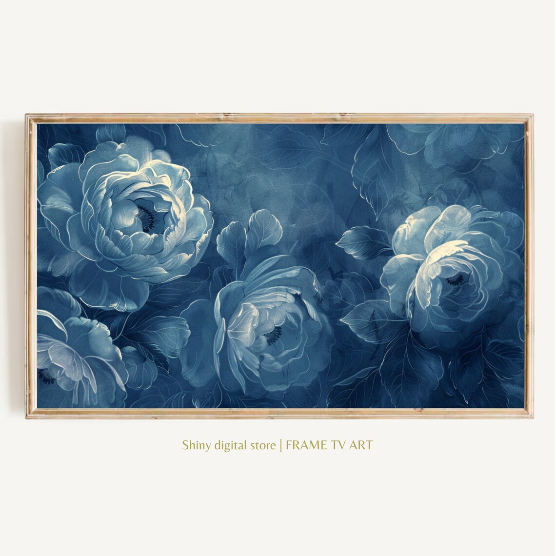 Blue Monochrome Peonies Indigo Floral Painting Elegant Navy Art Print