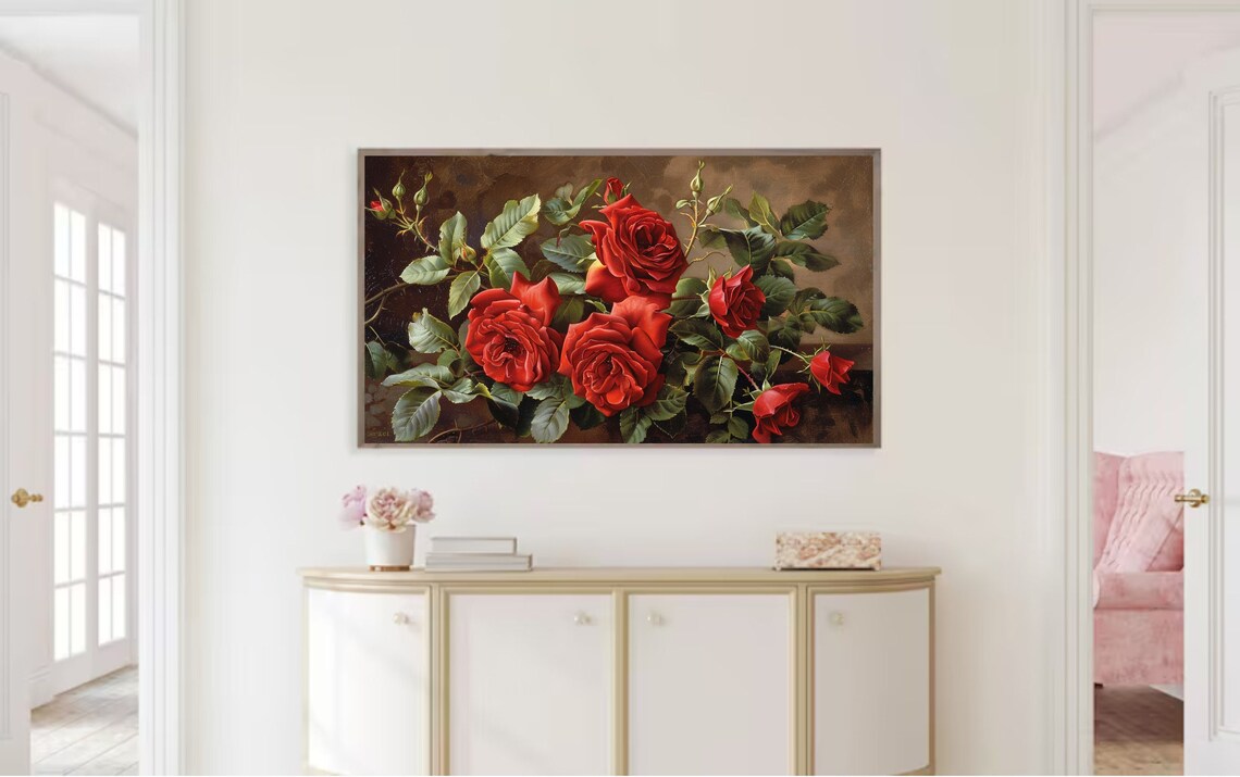 Set Of 4 Red Rose Paintings Vintage Oil Style Botanical Wall Art - Image 2