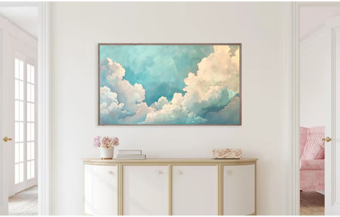 Frame Tv Art Soft Blue Cloud Painting Country Farmhouse Decor Tv - Image 2
