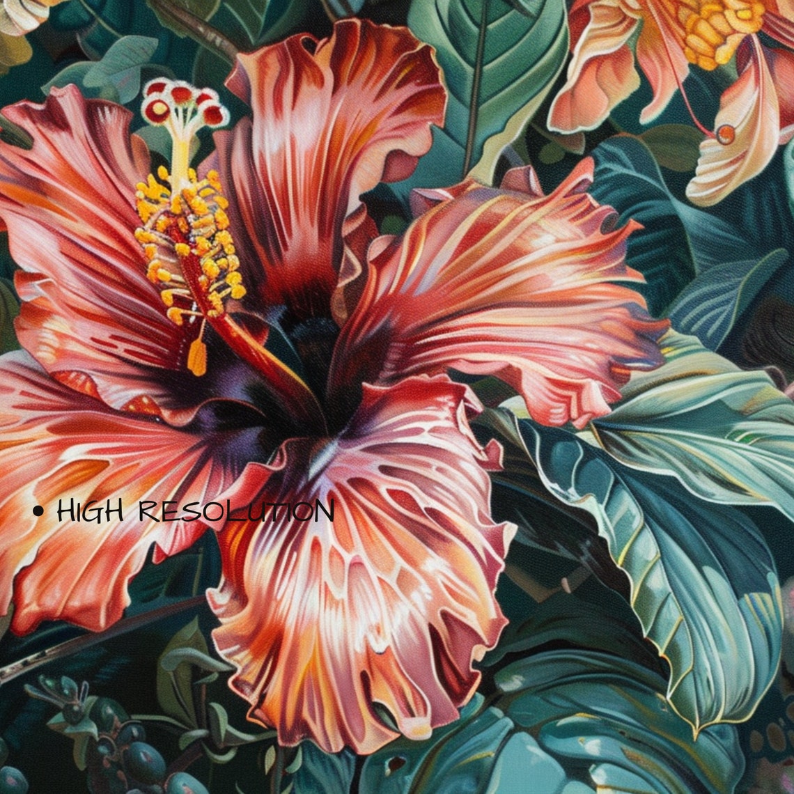 Tropical Hibiscus Bloom Botanical Painting Deep Green Jungle Art Print - Image 3