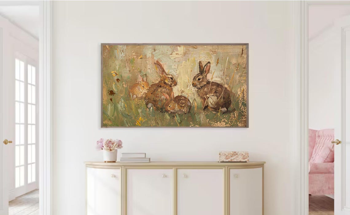 Vintage Rabbit Family Meadow Oil Painting Rustic Spring Bunny Poster - Image 2