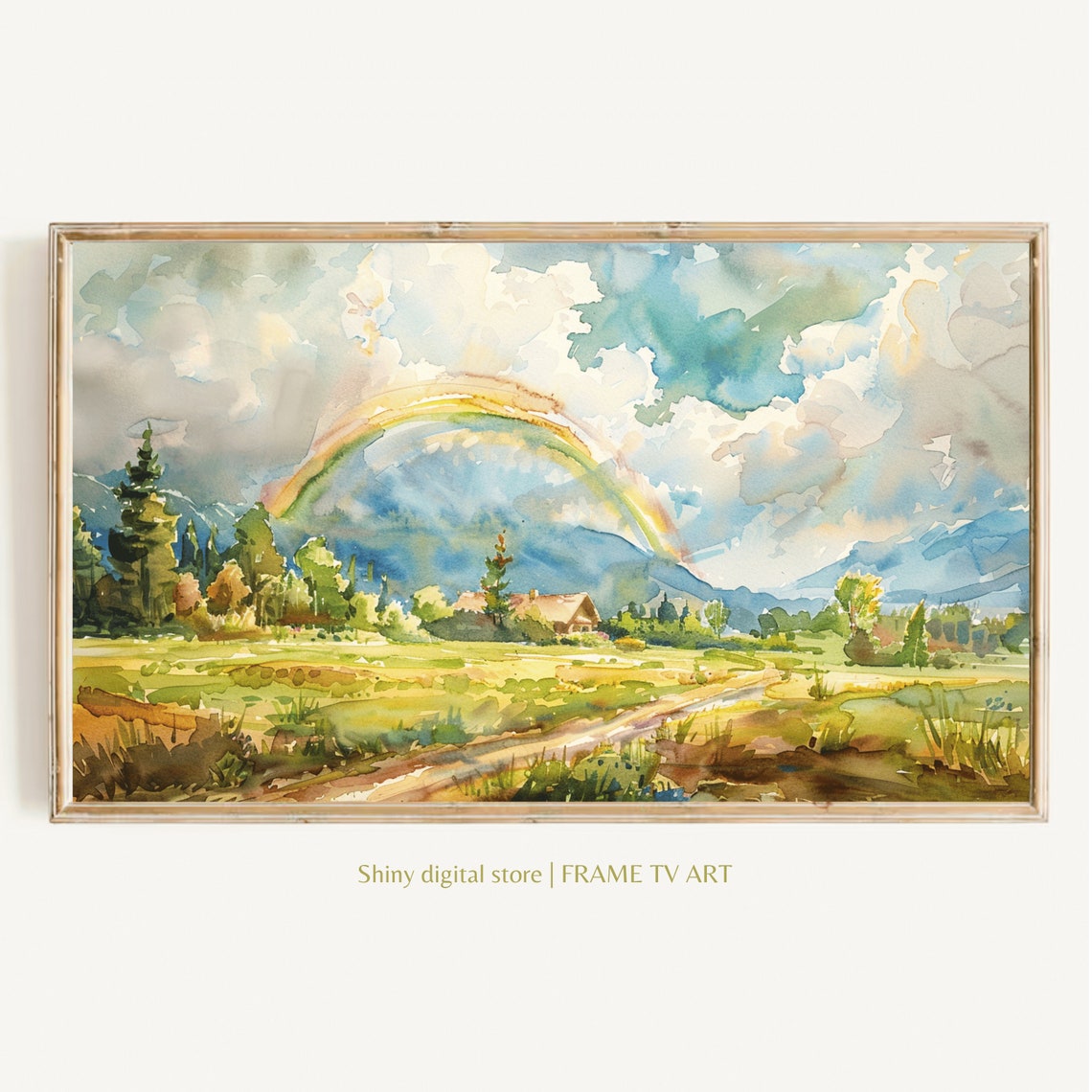 Watercolor Rainbow Countryside Cabin Mountain Valley Green Art Print