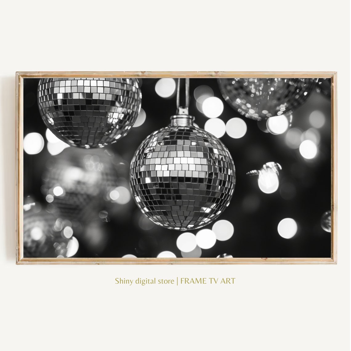 Disco Ball Close Up Black White Bokeh Party Sparkle Wall Art Print