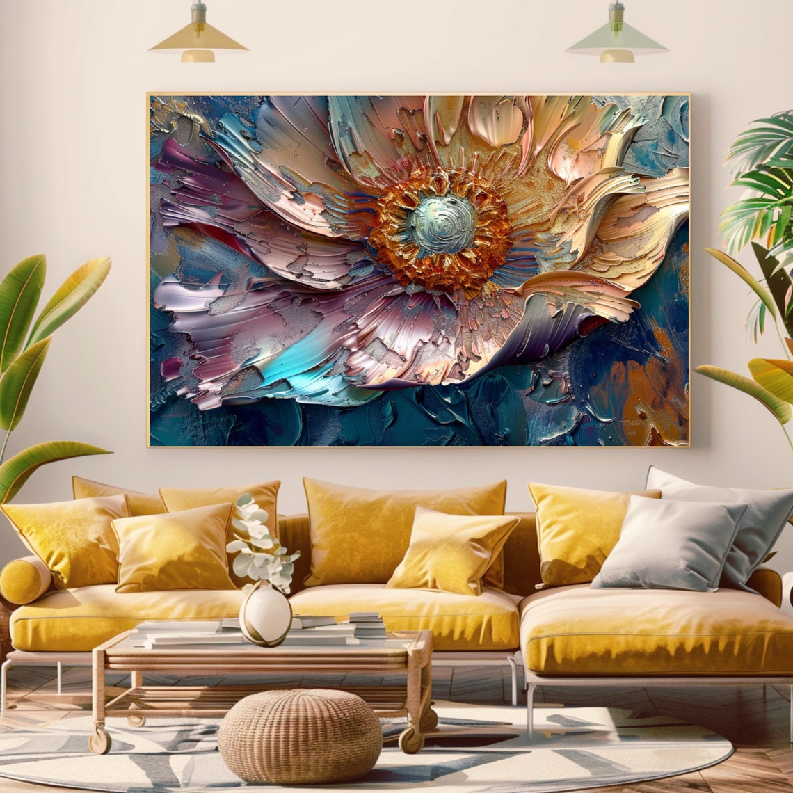 3D Textured Impasto Flower Close Up Cream Mauve Teal Abstract Poster - Image 2