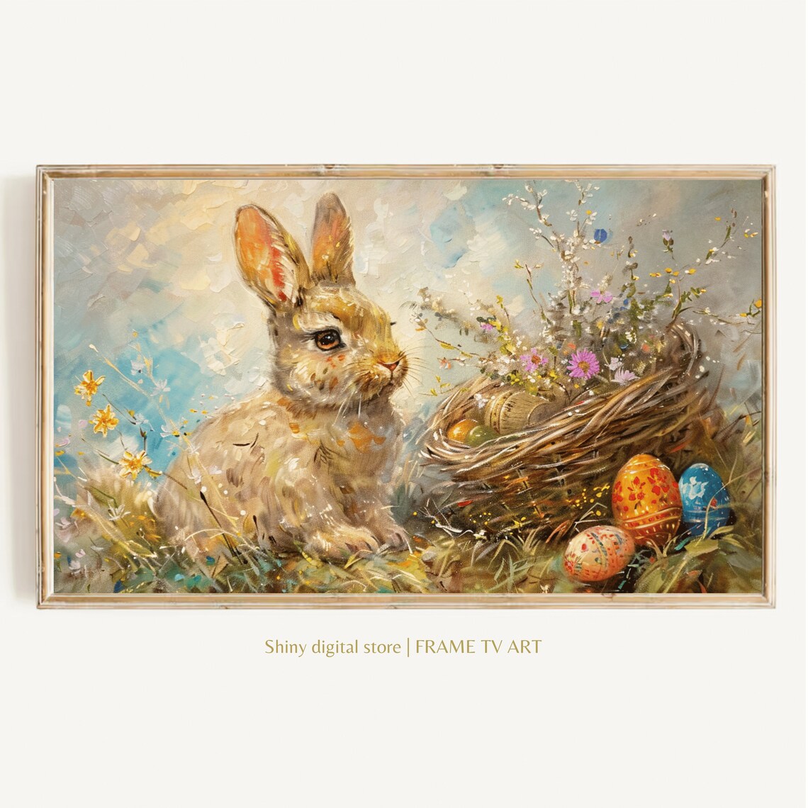 Pastel Easter Bunny, Wildflower Field Rabbit Art Print