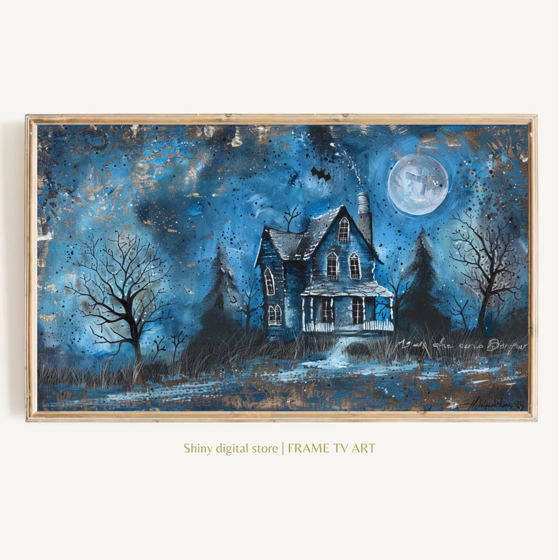 Spooky Blue Haunted House Full Moon Bats Halloween Painting Poster