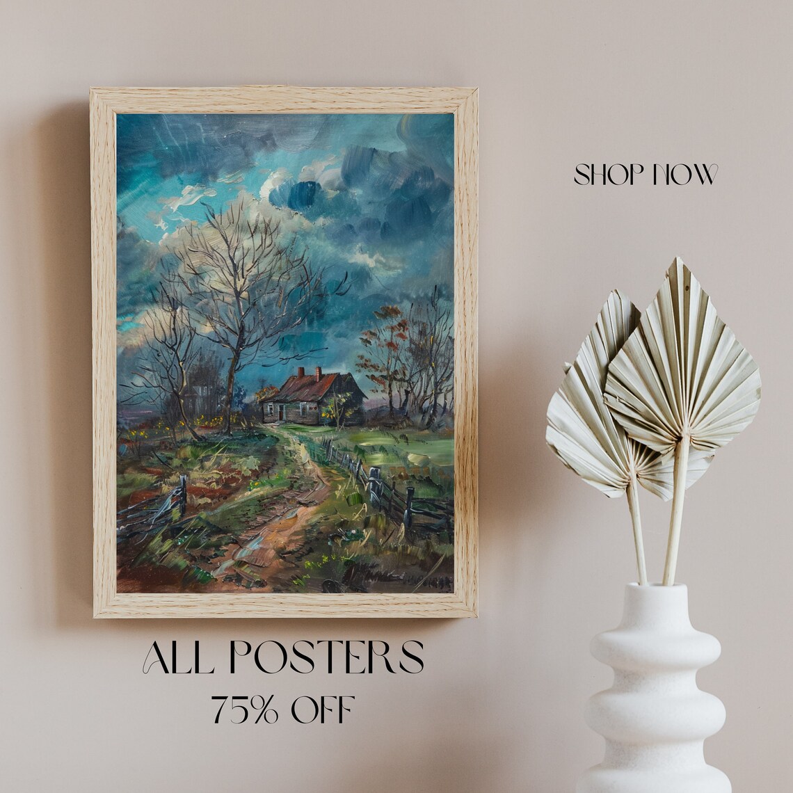 Moody Vintage Cottage Winter Trees Stormy Sky Antique Poster - Image 3