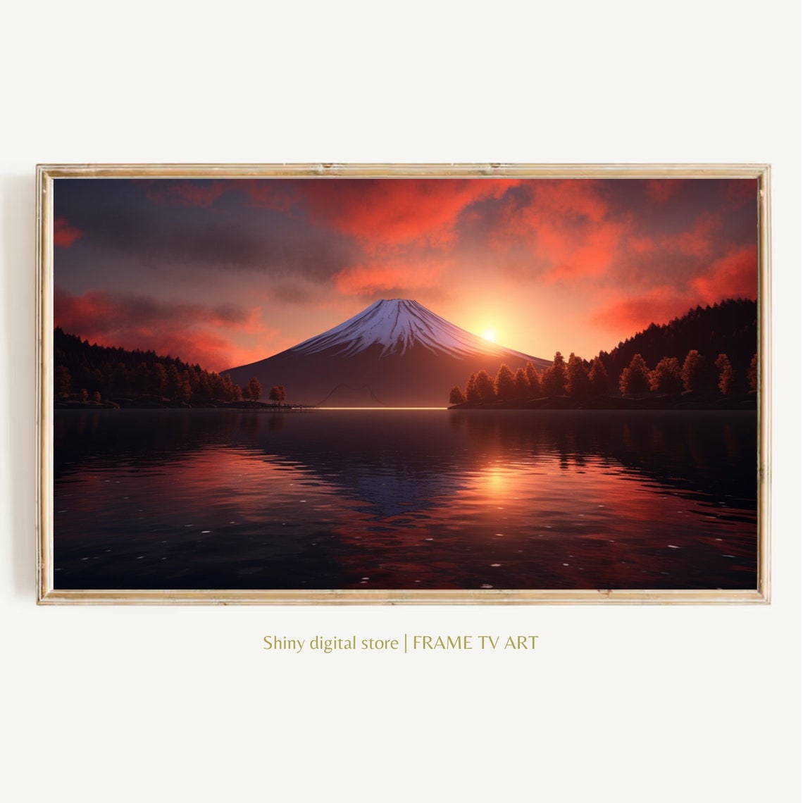Mount Fuji Sunset Red Sky Lake Reflection Silhouette Frame TV Poster