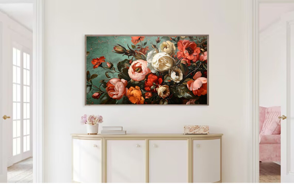 Vintage Roses Still Life Crackled Green Background Red White Art Print - Image 2