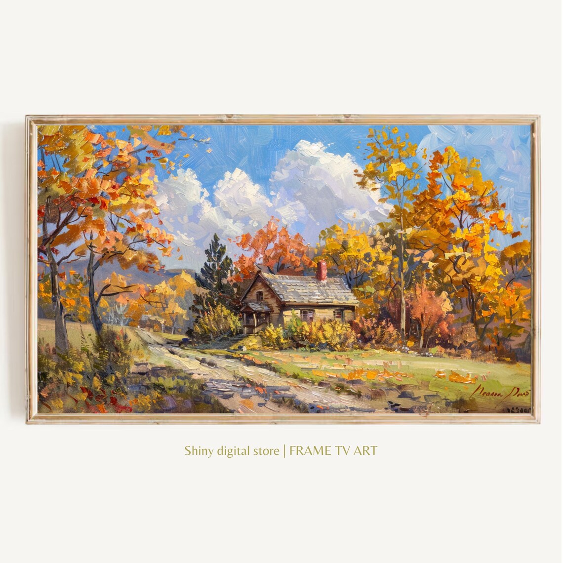 Autumn Cabin Golden Fall Foliage Sunny Woodland Landscape Poster