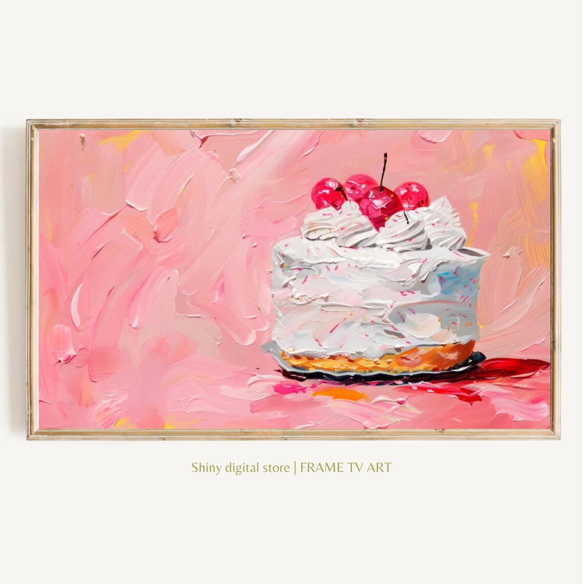 Pink Birthday Cake Cherries Painting Festive Food Dessert Wall Art