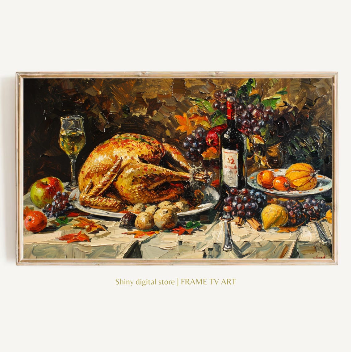 Roast Turkey Thanksgiving Still Life Wine Grapes Impasto Fall Wall Art