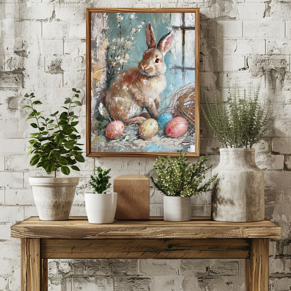 Vintage Easter Bunny with Painted Eggs Rustic Spring Holiday Wall Art - Image 2