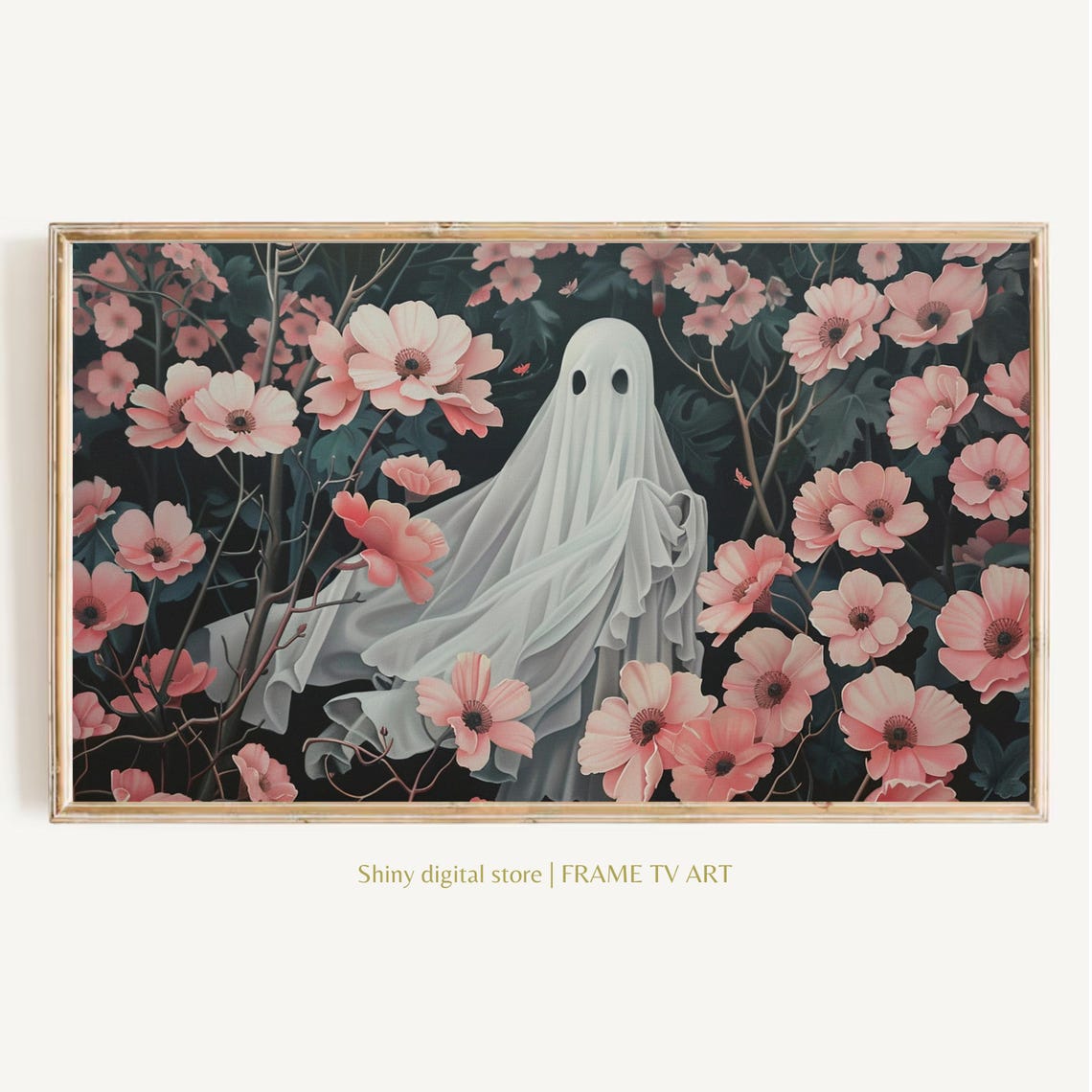 Cute White Ghost Among Pink Cosmos Flowers Halloween Floral Wall Art