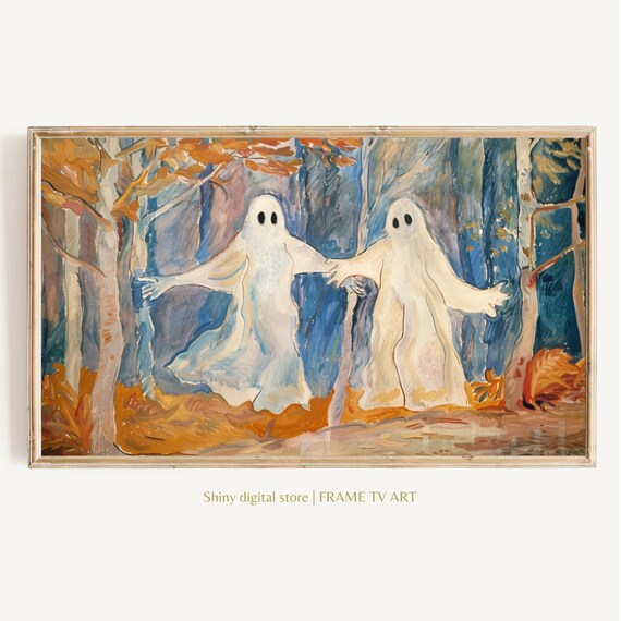 Two Cute Ghosts Holding Hands Autumn Forest Halloween Whimsical Wall Art