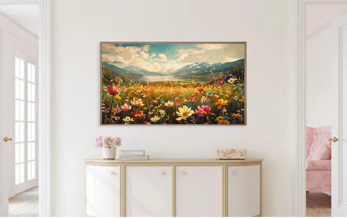 Frame Tv Art Summer Wildflower Field By Sea Vintage Spring Field Of Flowers Tv Art Warm Tone Cottagecore Tv Art - Image 2