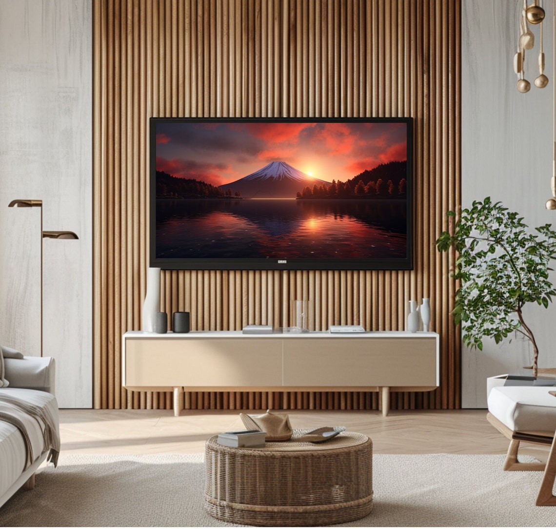 Mount Fuji Sunset Red Sky Lake Reflection Silhouette Frame TV Poster - Image 2
