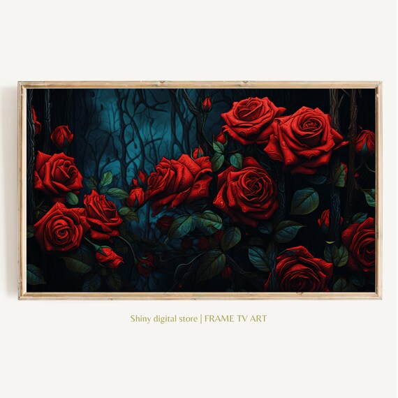 Velvety Red Roses Dark Blue Background Moody Romantic Floral Frame TV Print