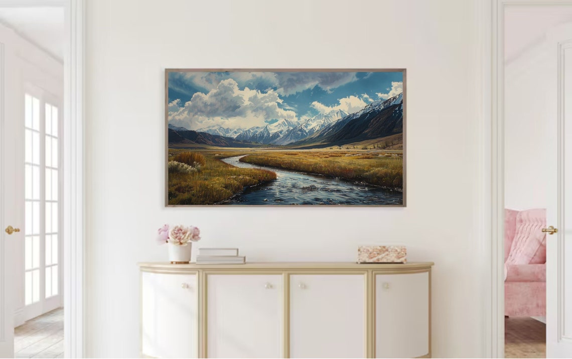 Winding River Through Golden Meadow Snowcapped Mountains Poster - Image 2