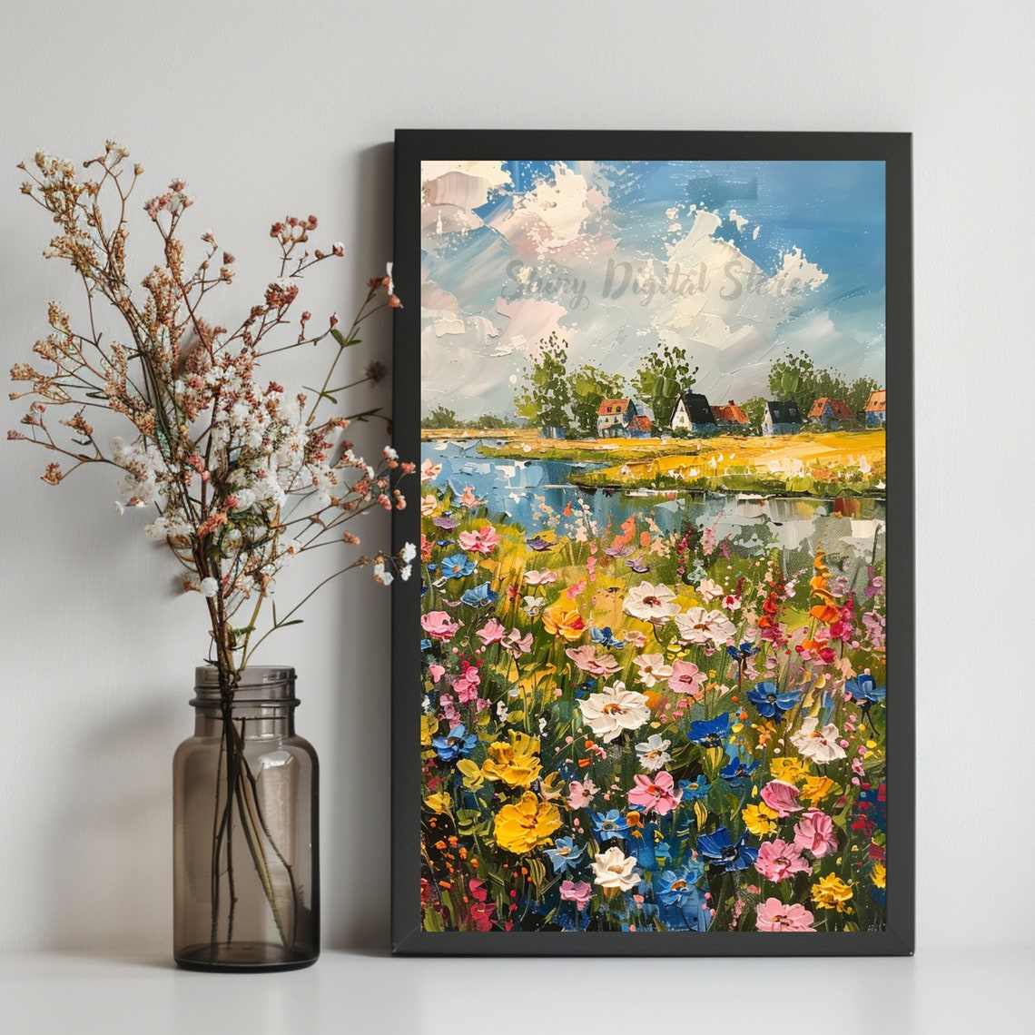 Colorful Flower Field Canal Village Summer Countryside Art Poster - Image 2