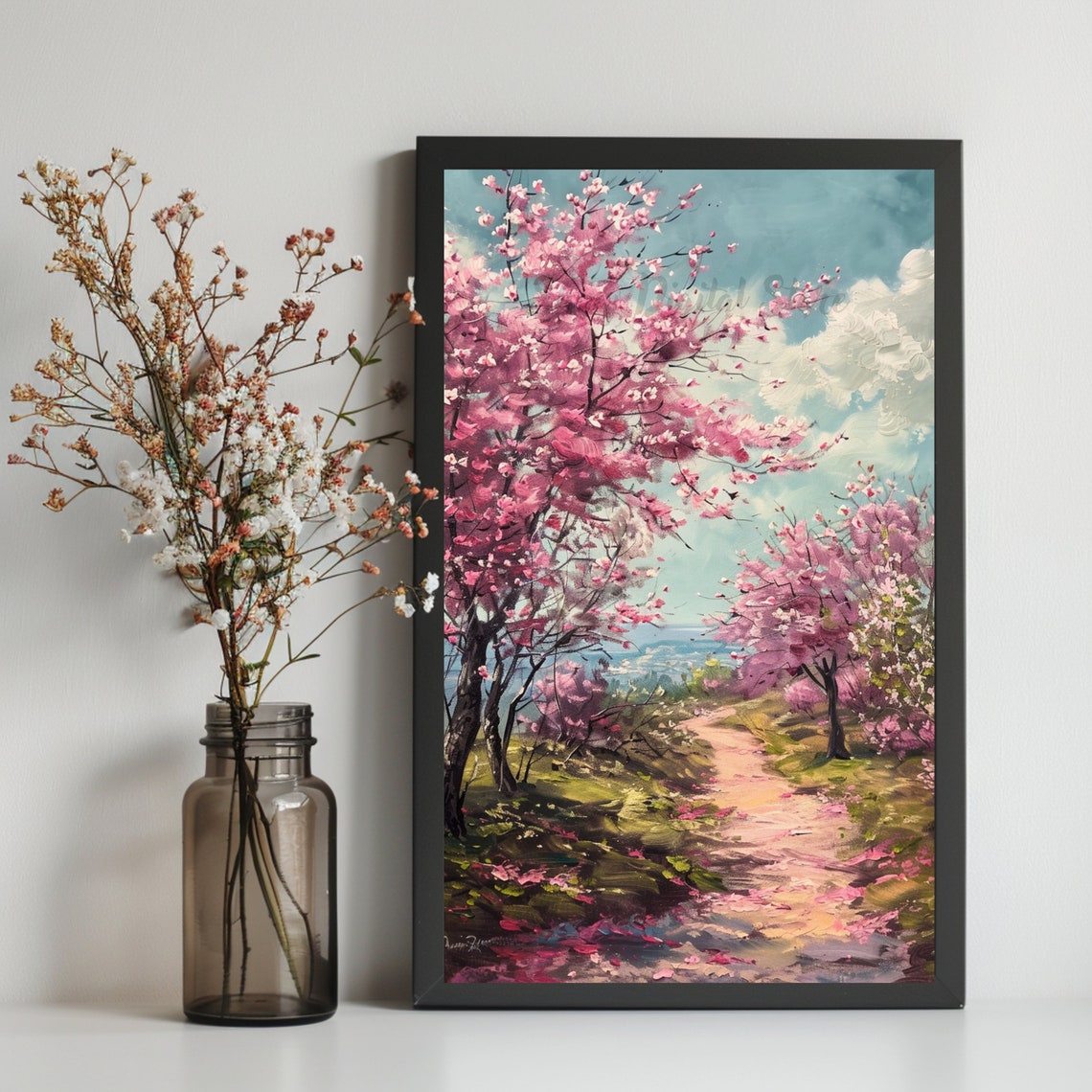 Pink Cherry Blossom Path To Sea Spring Landscape Oil Painting Poster - Image 2