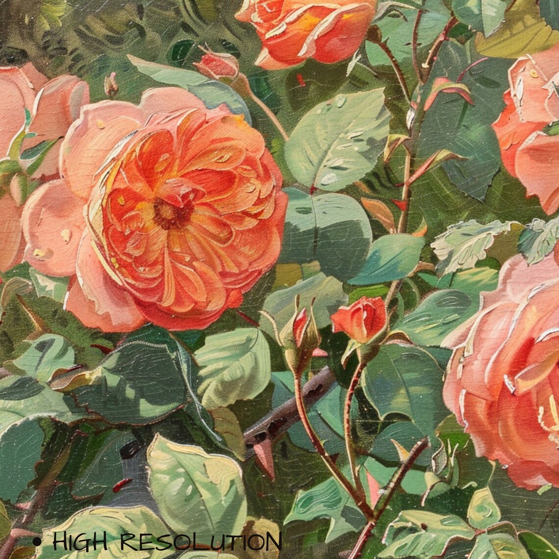 Set Of 4 Peach Orange Rose Paintings Vintage Botanical Wall Art - Image 3