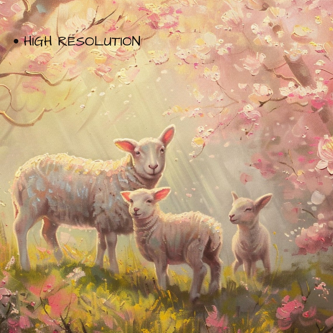 Spring Lambs Under Pink Cherry Blossom Trees Pastel Farm Art Poster - Image 3