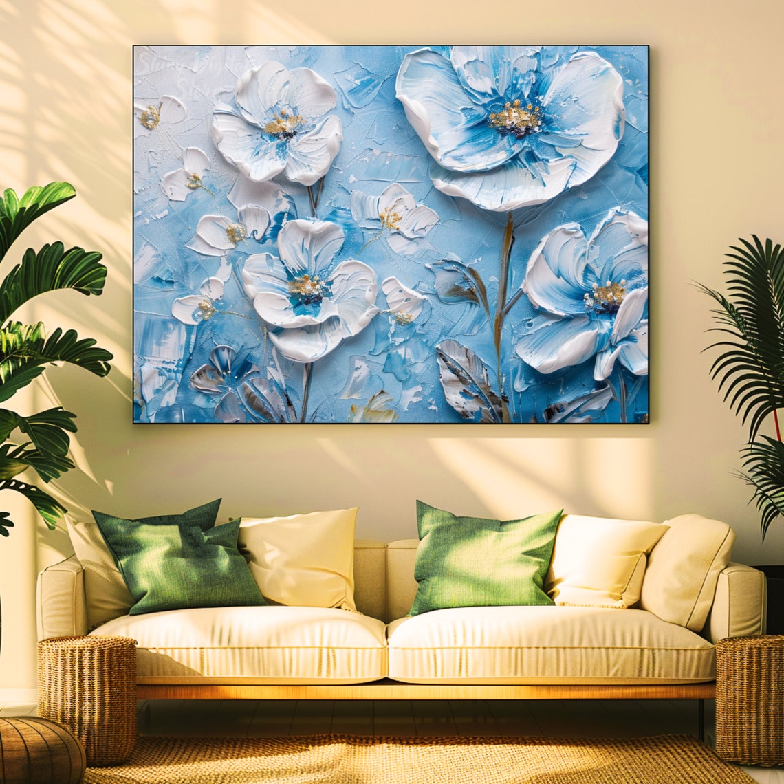 Textured Blue White Flowers Impasto Oil Painting Spring Art Poster - Image 2