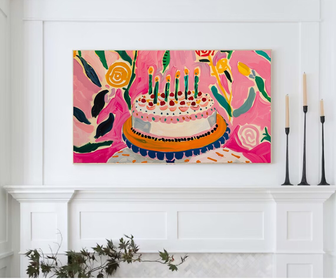 Colorful Birthday Cake Floral Oil Painting Celebration Art Poster - Image 2