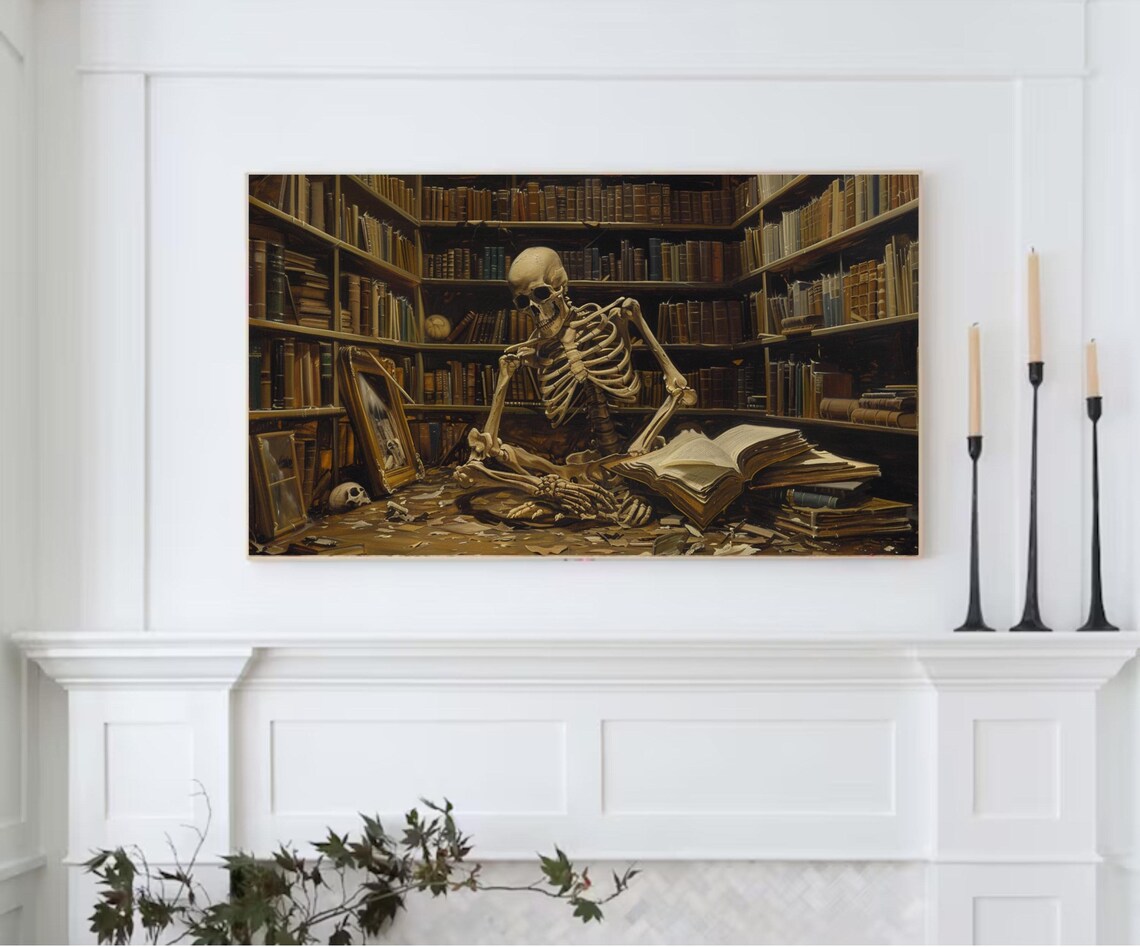 Skeleton Reading in Old Library Dark Academia Spooky Halloween Wall Art - Image 2