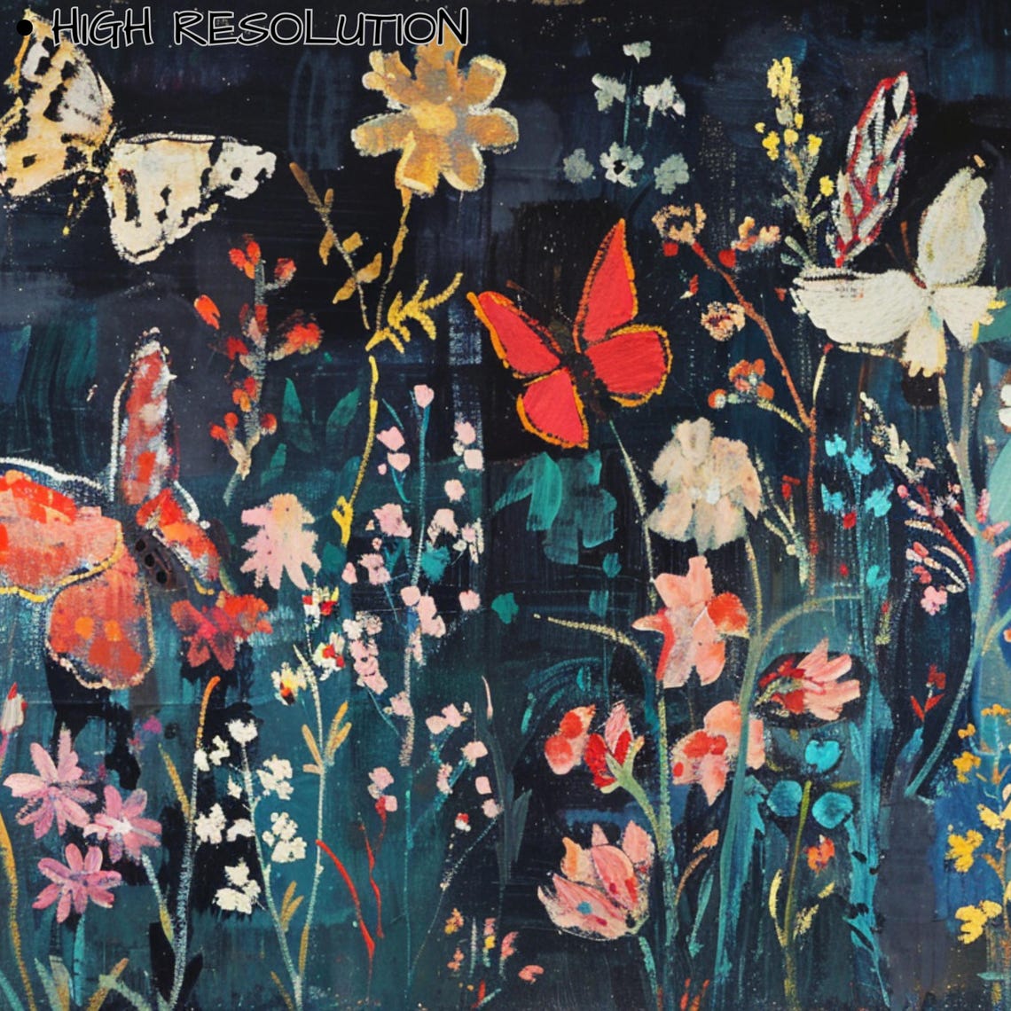 Dark Botanical Butterfly Garden Jewel Toned Wildflower Art Poster - Image 3