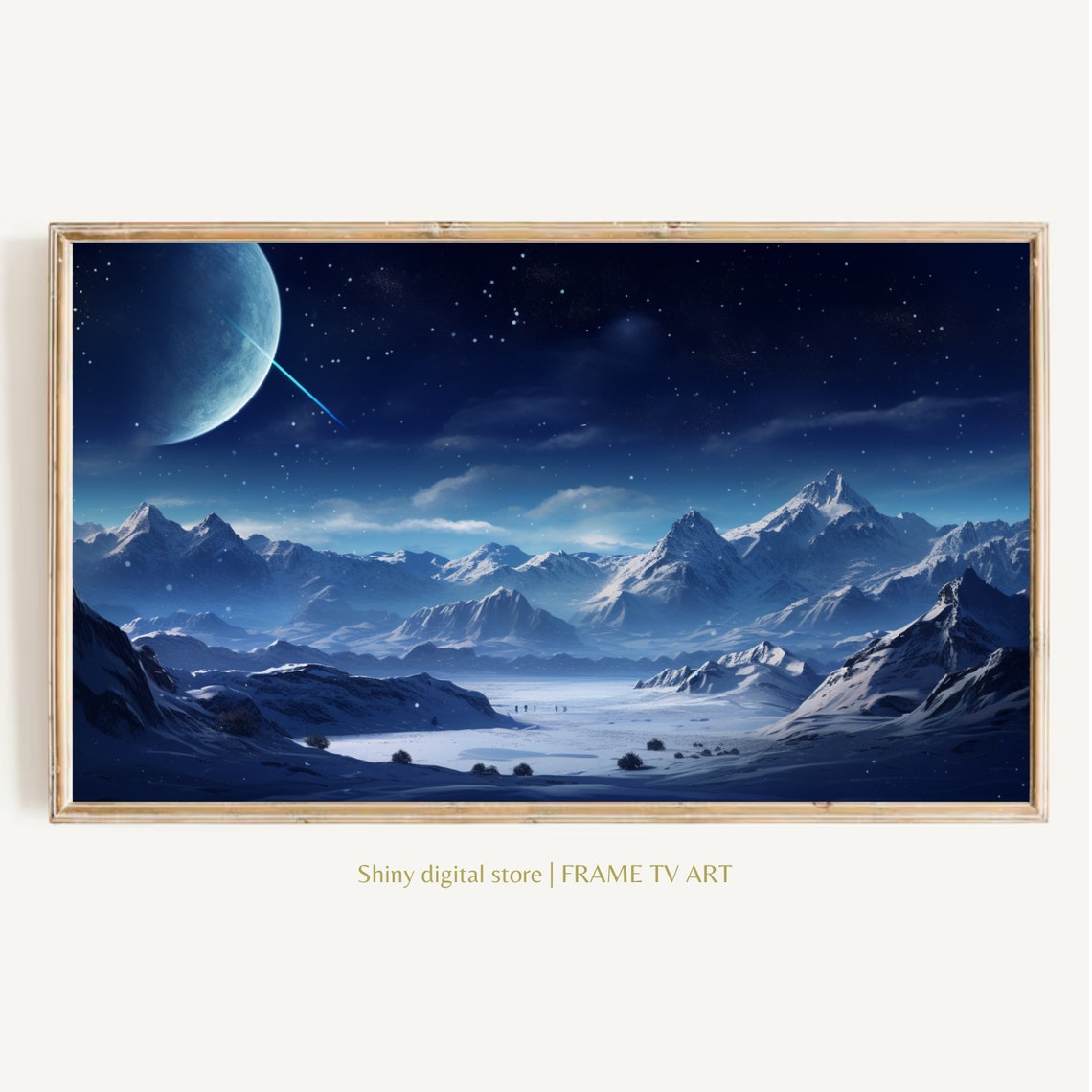 Snowy Mountain Night Giant Moon Planet Starry Sky Space Art Poster