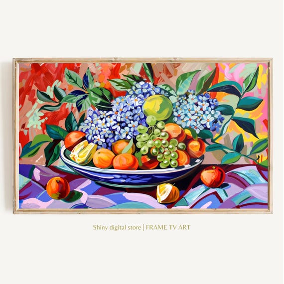 Still Life Frame Tv Art Colorful Floral Vibrant Checkerboard Textured Oil Painting Maximalist Mid Century Modern Bold Flower Tv Picture