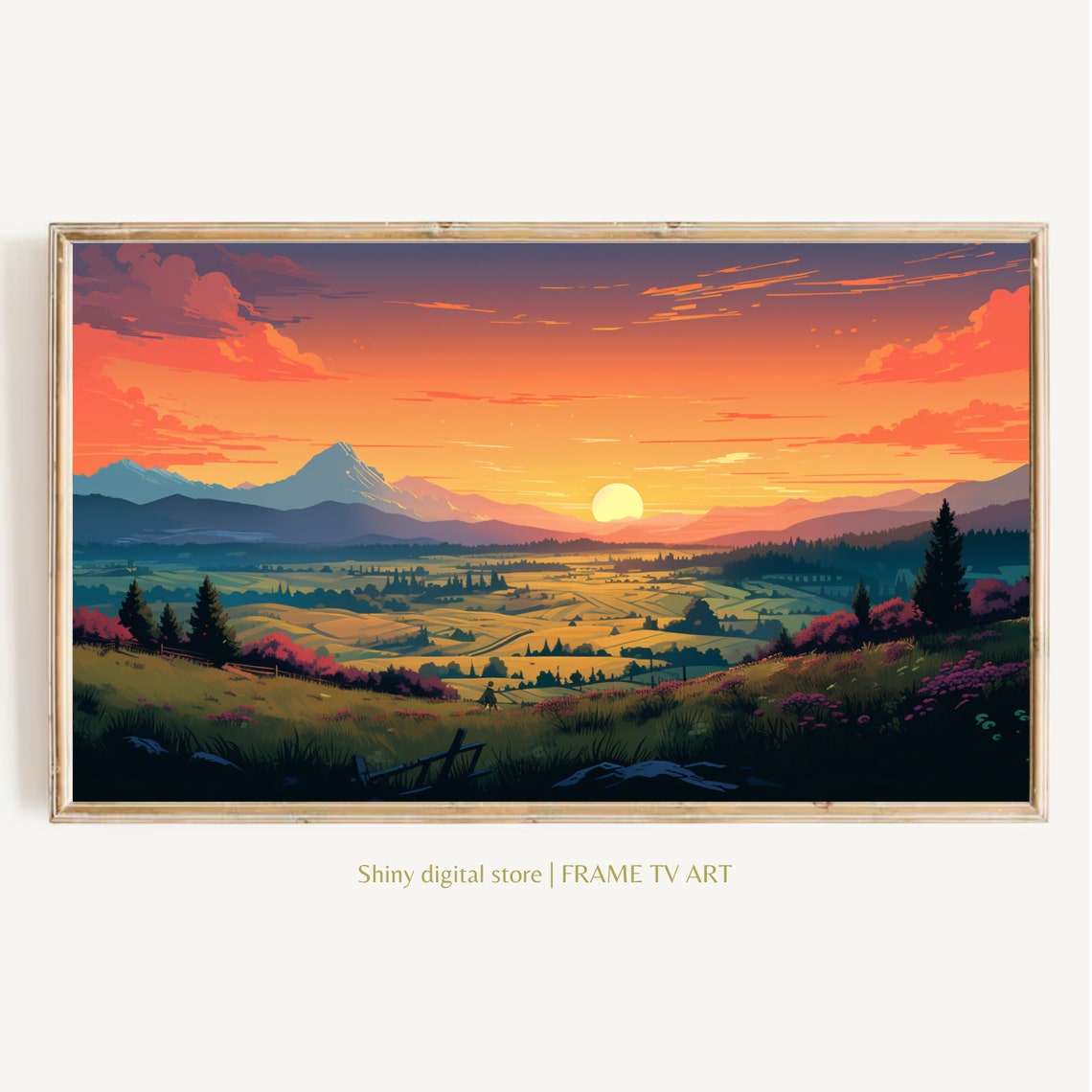 Orange Sunset Patchwork Fields Pine Trees Mountain View Art Poster