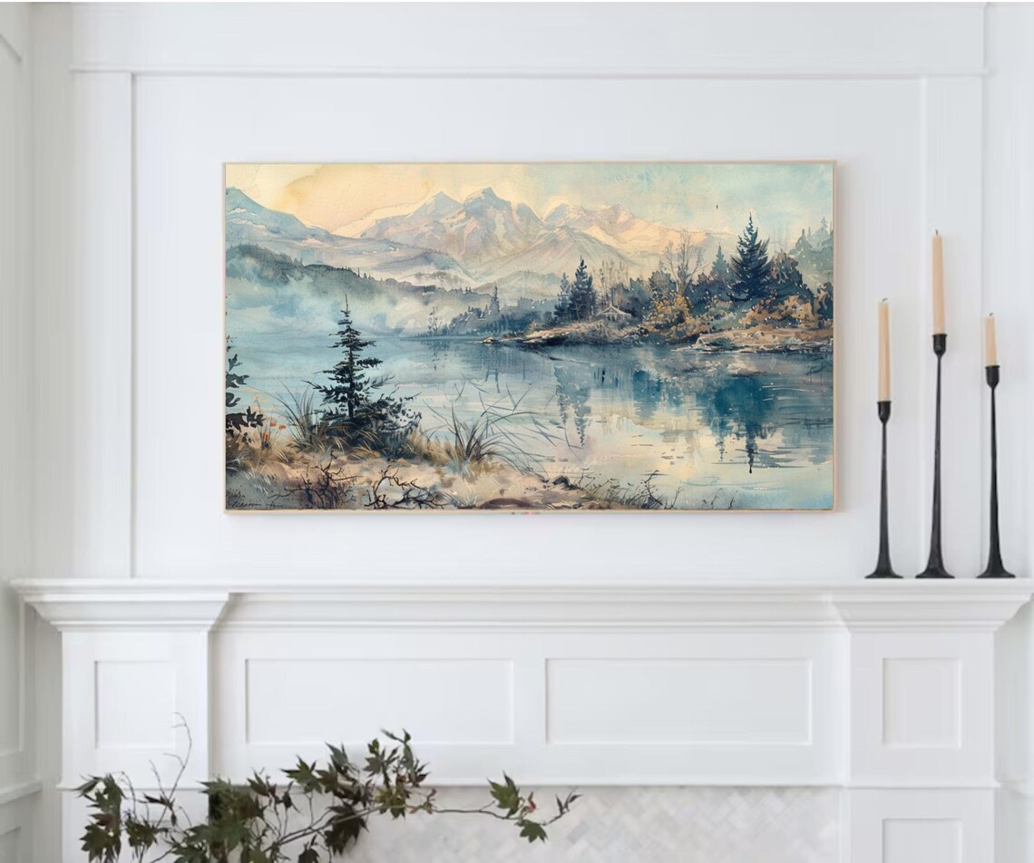 Muted Watercolor Mountain Lake Misty Peaks Antique Nature Poster - Image 2