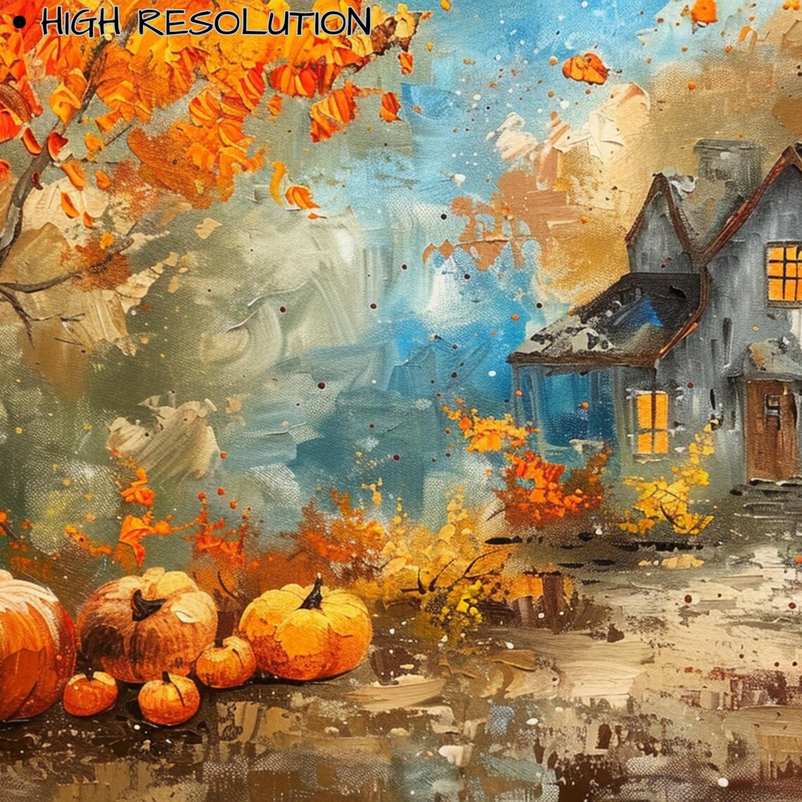 Autumn Barn Glowing Windows Pumpkins Moody Fall Harvest Painting Art Poster - Image 3