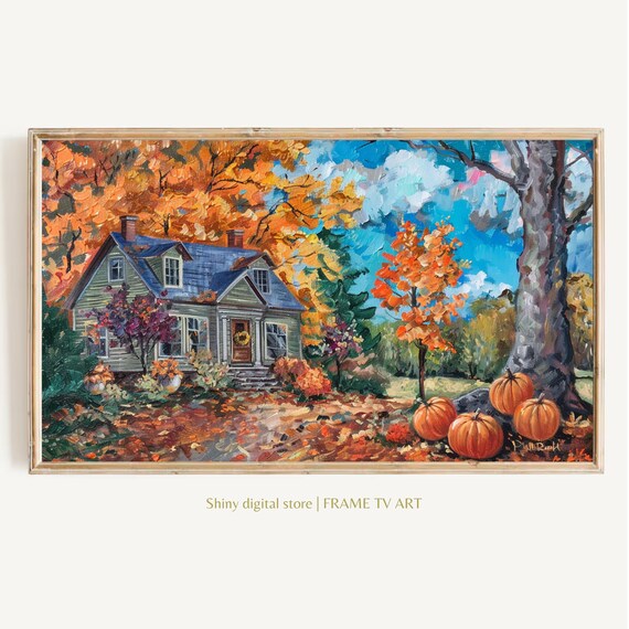 Autumn Farmhouse With Pumpkins Fall Foliage Country House Painting Art Poster