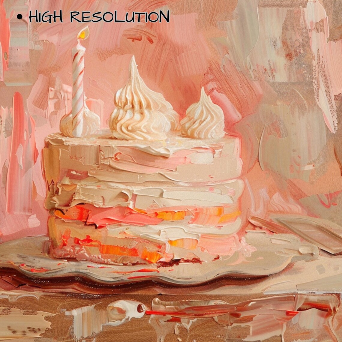 Pink Birthday Cake with Candle Impasto Painting Sweet Party Wall Art - Image 3